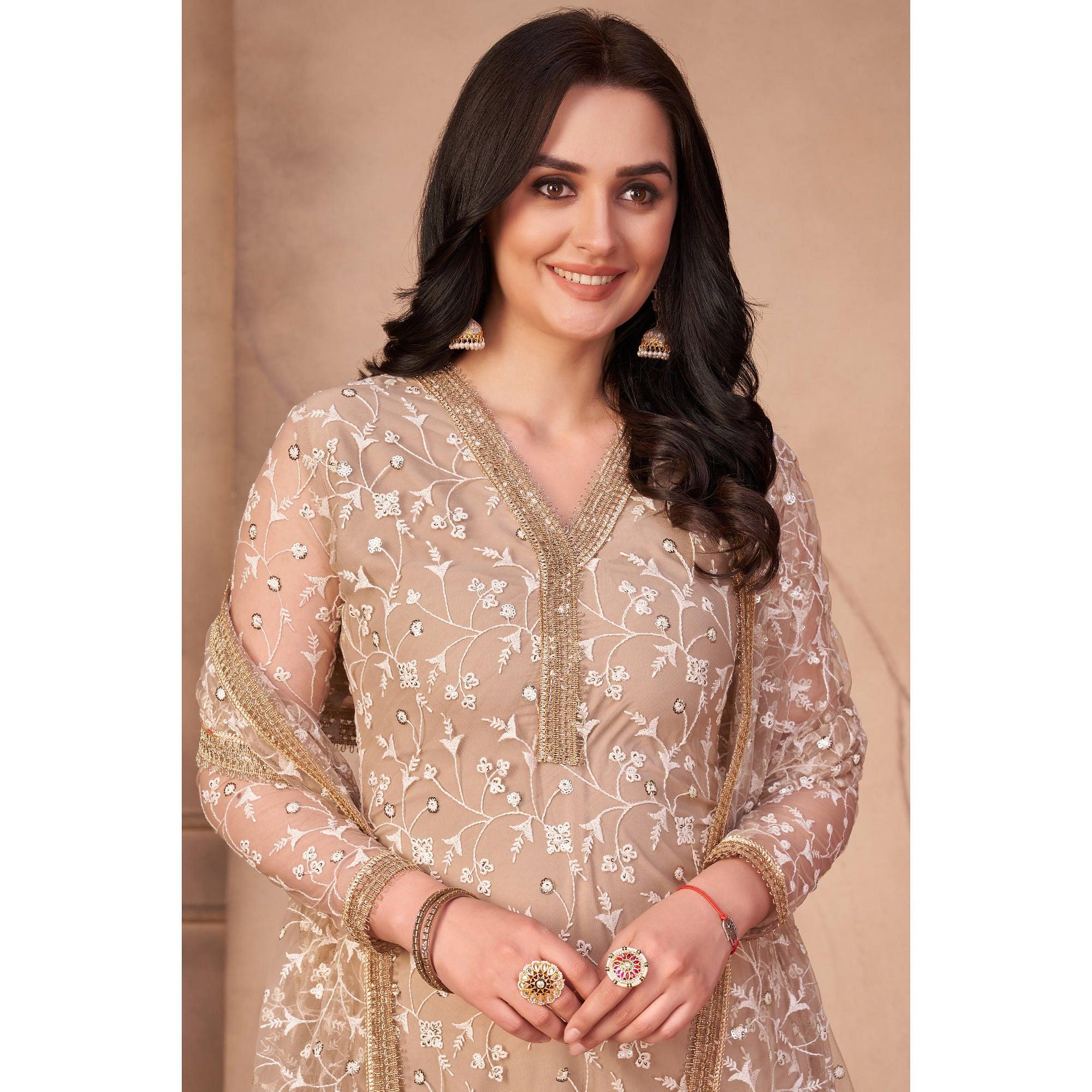 Beige Heavy Sequence Embroidered Net Partywear Suit - Peachmode
