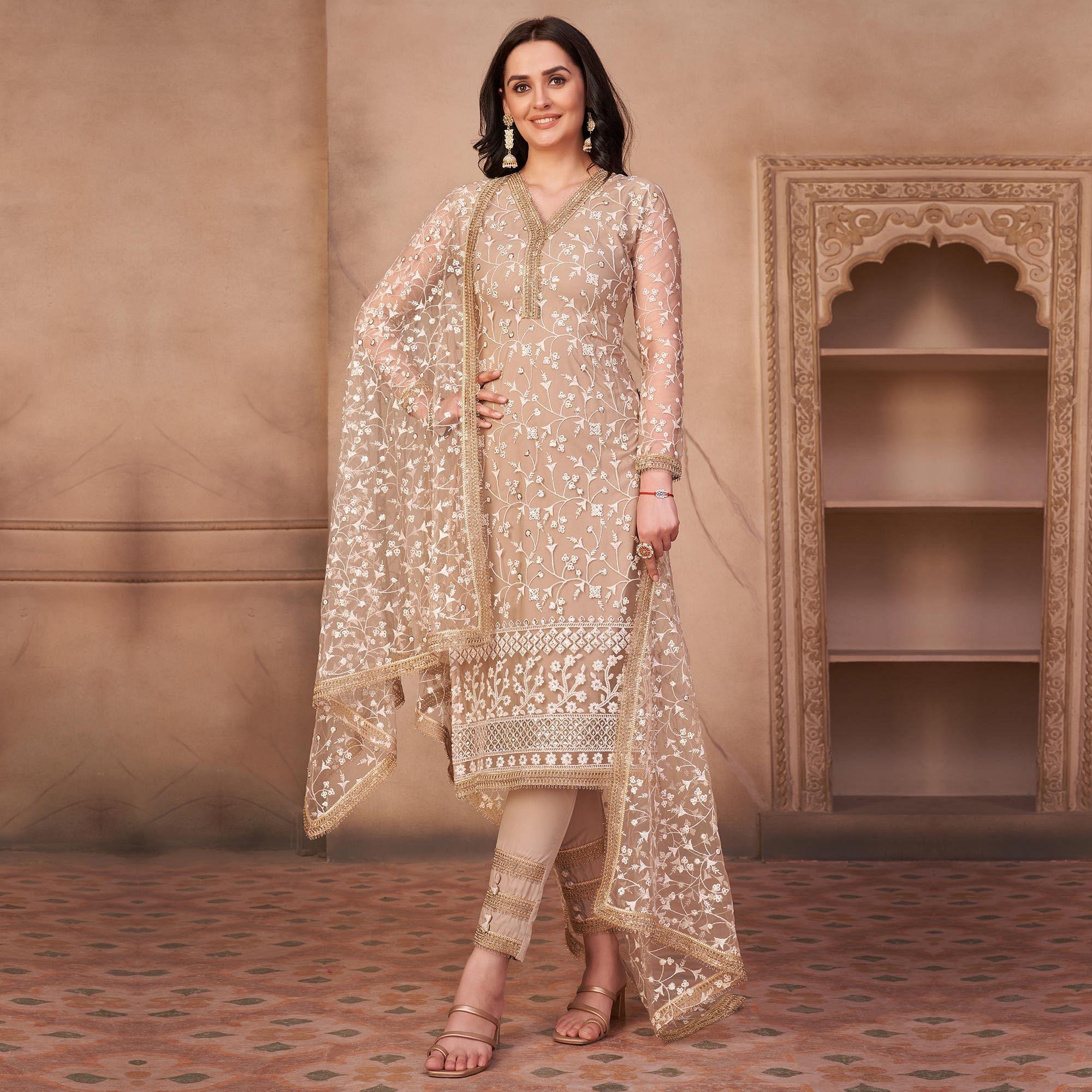 Beige Heavy Sequence Embroidered Net Partywear Suit - Peachmode