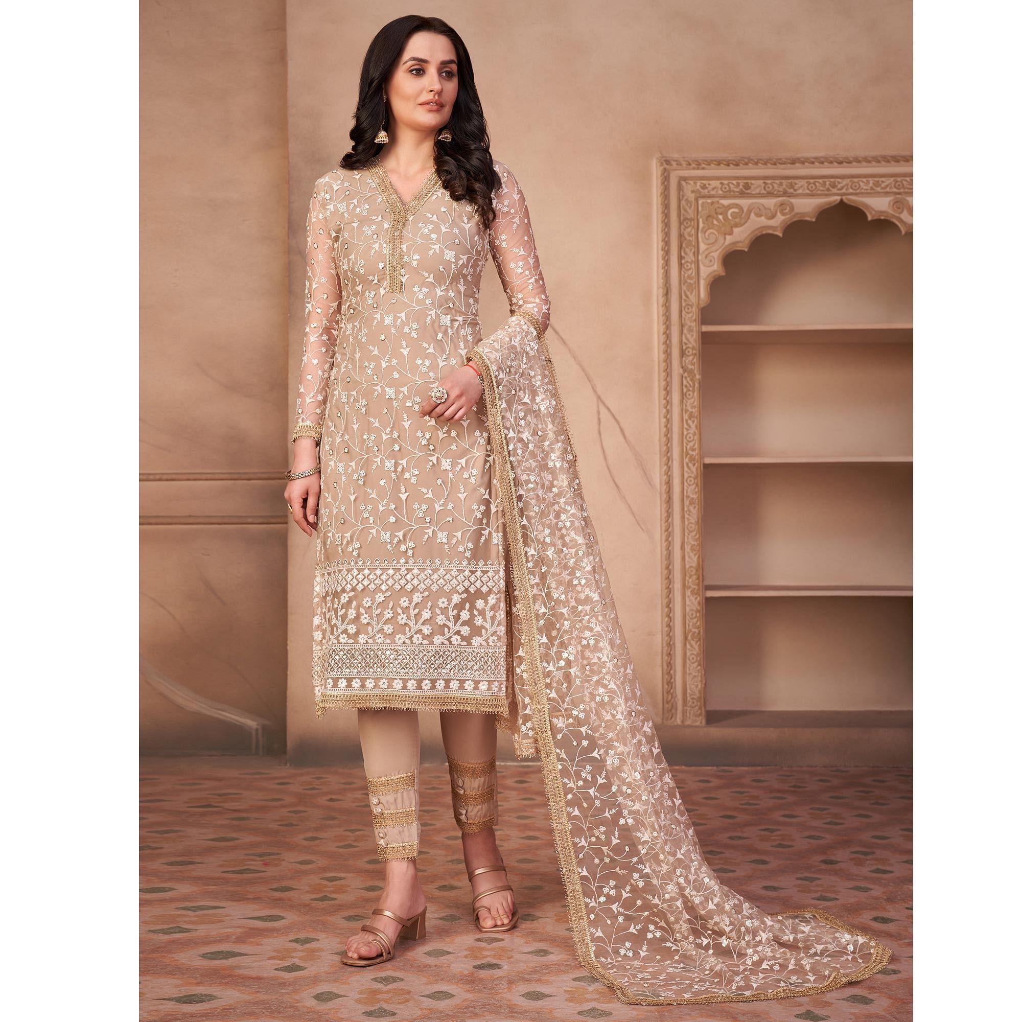 Beige Heavy Sequence Embroidered Net Partywear Suit - Peachmode