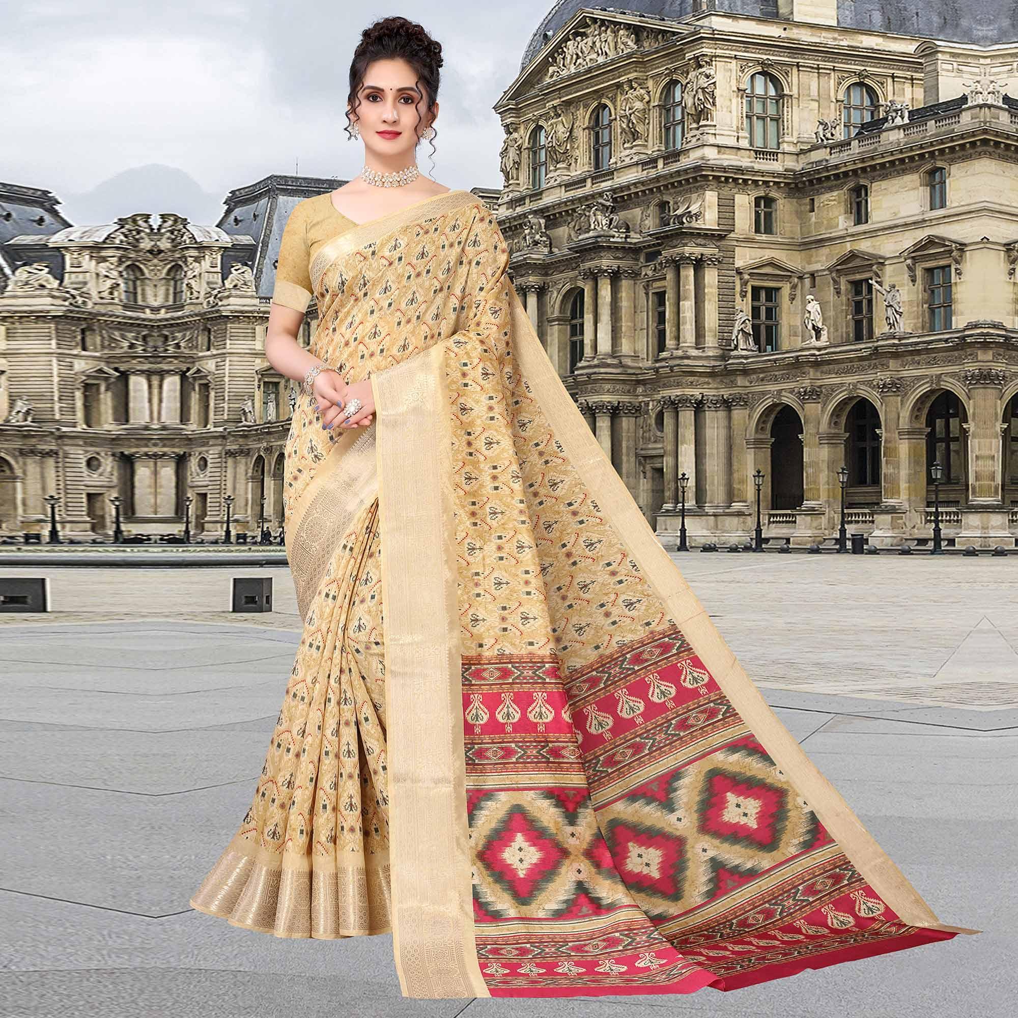 Beige Ikkat Printed Dola Silk Saree - Peachmode