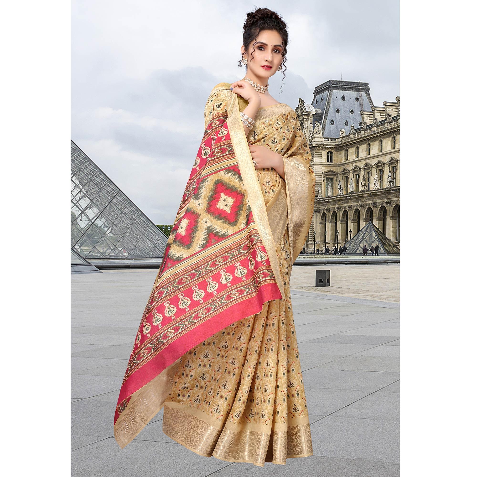 Beige Ikkat Printed Dola Silk Saree - Peachmode
