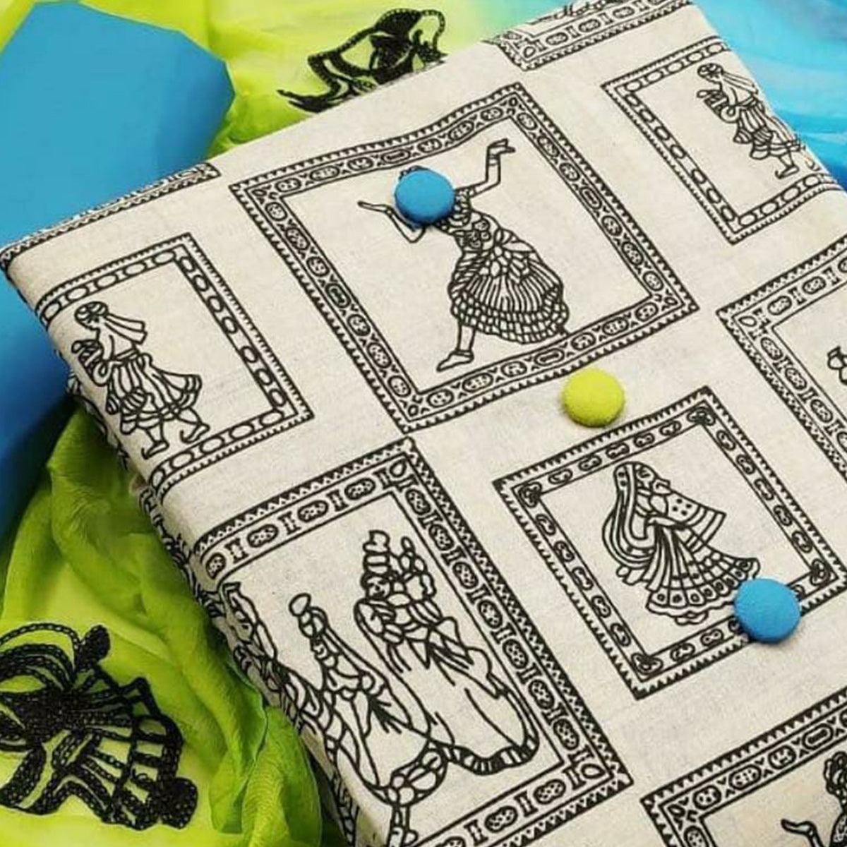 Beige Kalamkari Printed Pure Cotton Dress Material - Peachmode