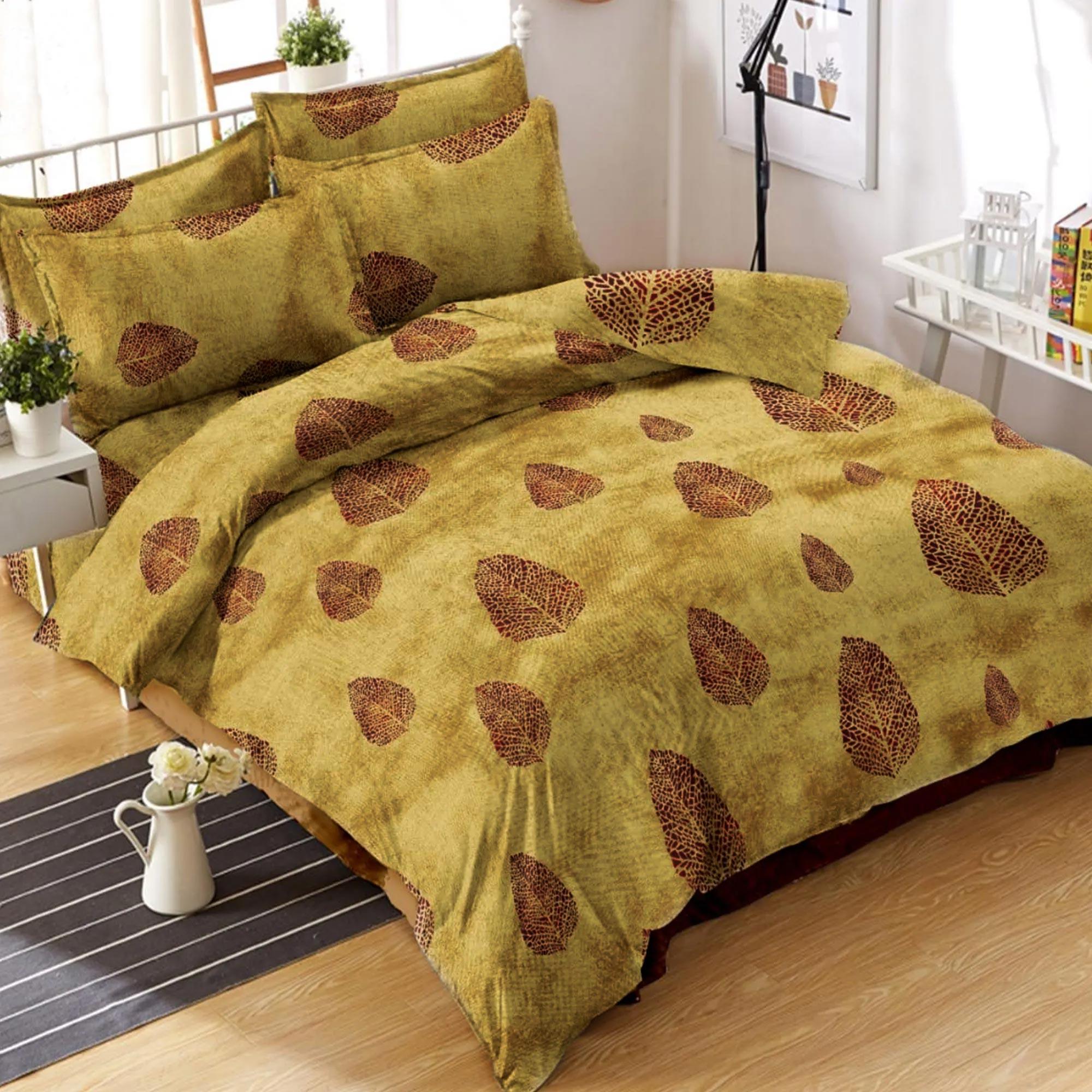 Beige Leaf Printed Double Bedsheet With Pillow Cover - Peachmode