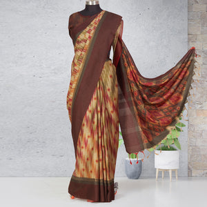 Beige-Maroon Festive Wear Digital Printed Cotton Saree - Peachmode