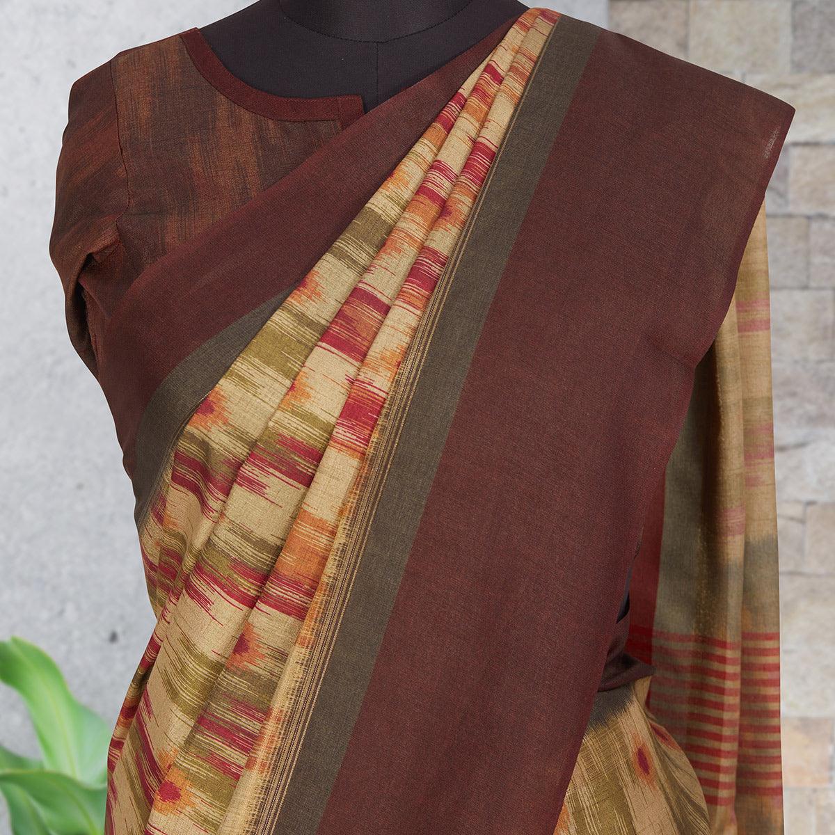 Beige-Maroon Festive Wear Digital Printed Cotton Saree - Peachmode