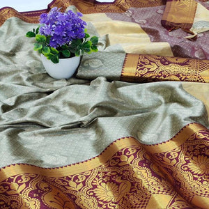 Beige - Maroon Festive Wear Woven Soft Cotton Saree - Peachmode