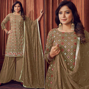 Beige Mirror & Sequence Embroidered Georgette Sharara Suit - Peachmode
