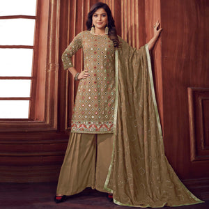 Beige Mirror & Sequence Embroidered Georgette Sharara Suit - Peachmode