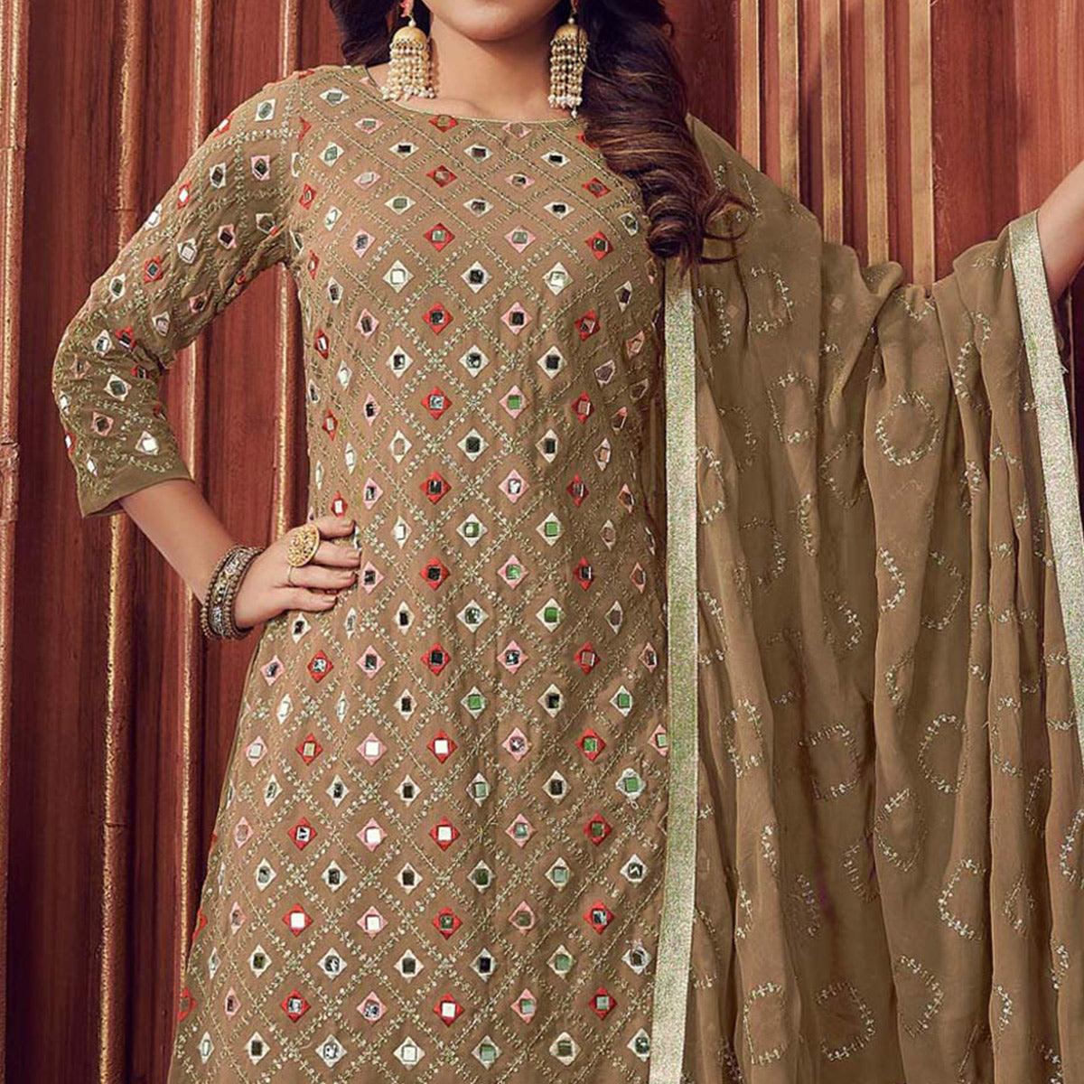 Beige Mirror & Sequence Embroidered Georgette Sharara Suit - Peachmode