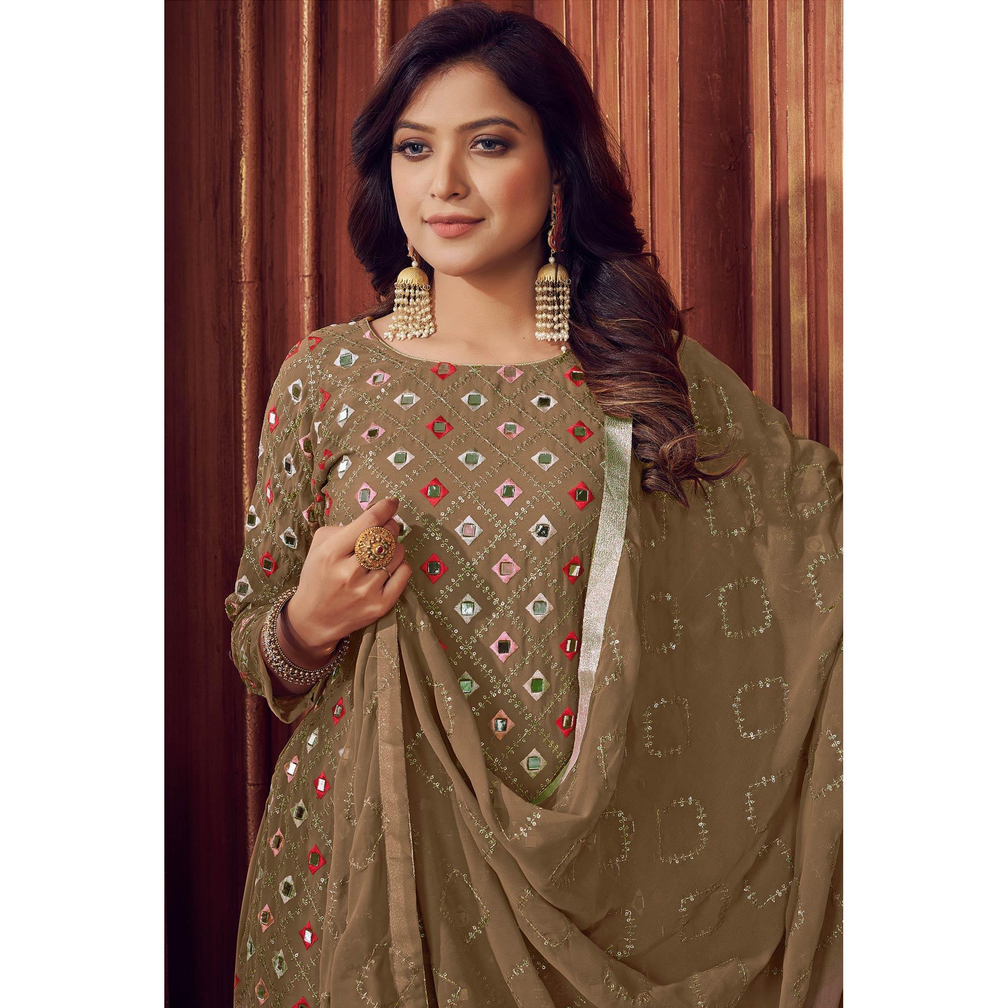 Beige Mirror & Sequence Embroidered Georgette Sharara Suit - Peachmode