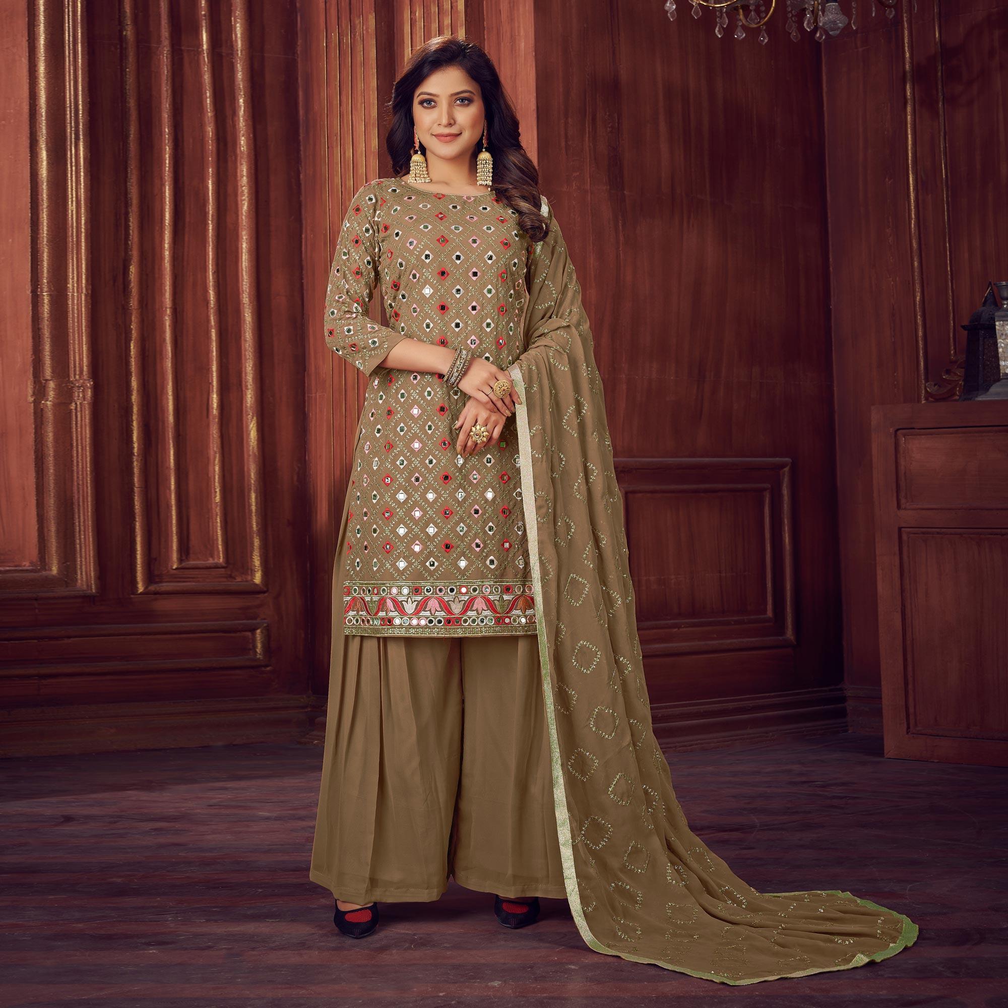 Beige Mirror & Sequence Embroidered Georgette Sharara Suit - Peachmode