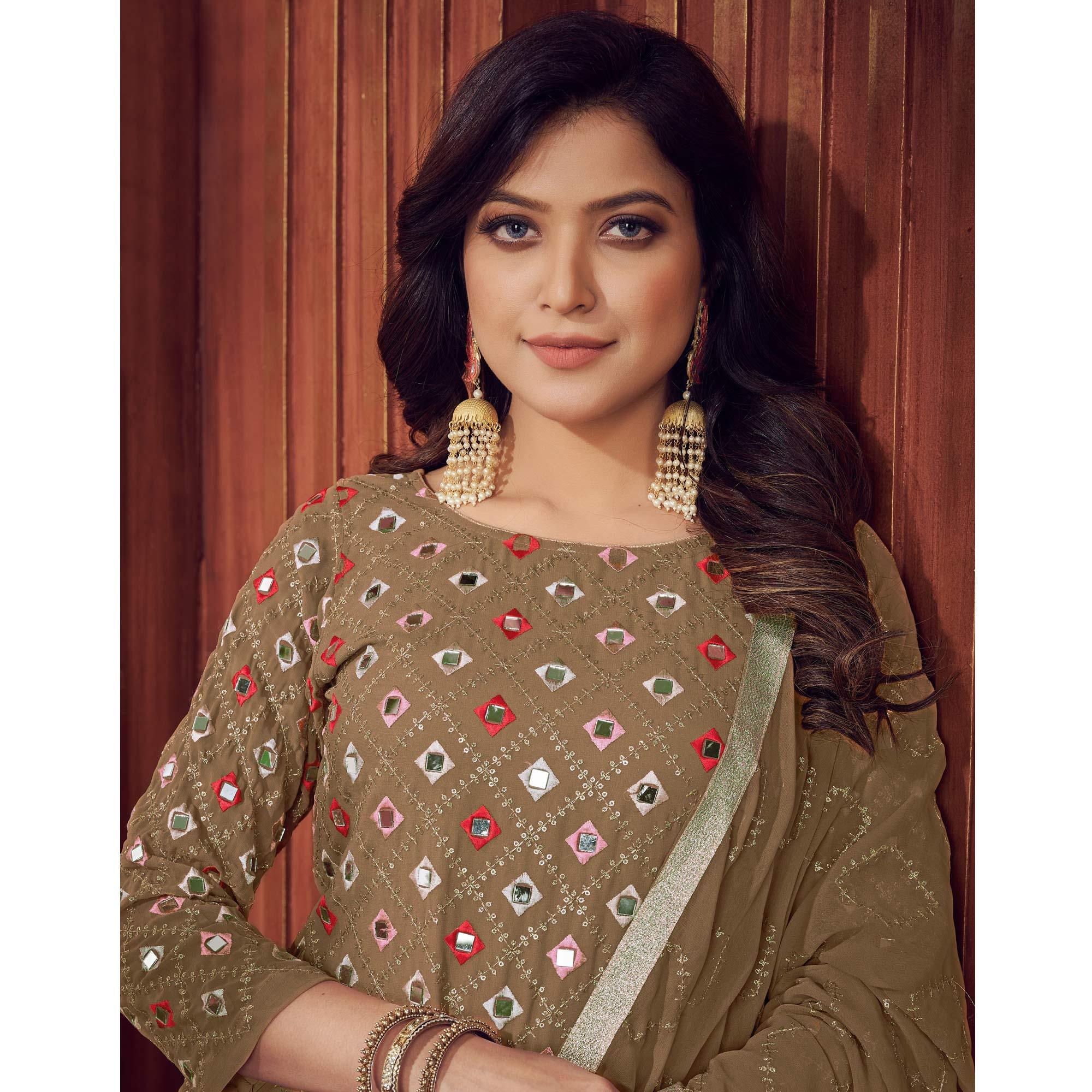 Beige Mirror & Sequence Embroidered Georgette Sharara Suit - Peachmode