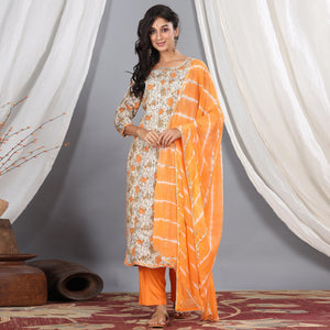 Beige - Orange Printed Pure Cotton Kurti - Pant Set With Dupatta - Peachmode