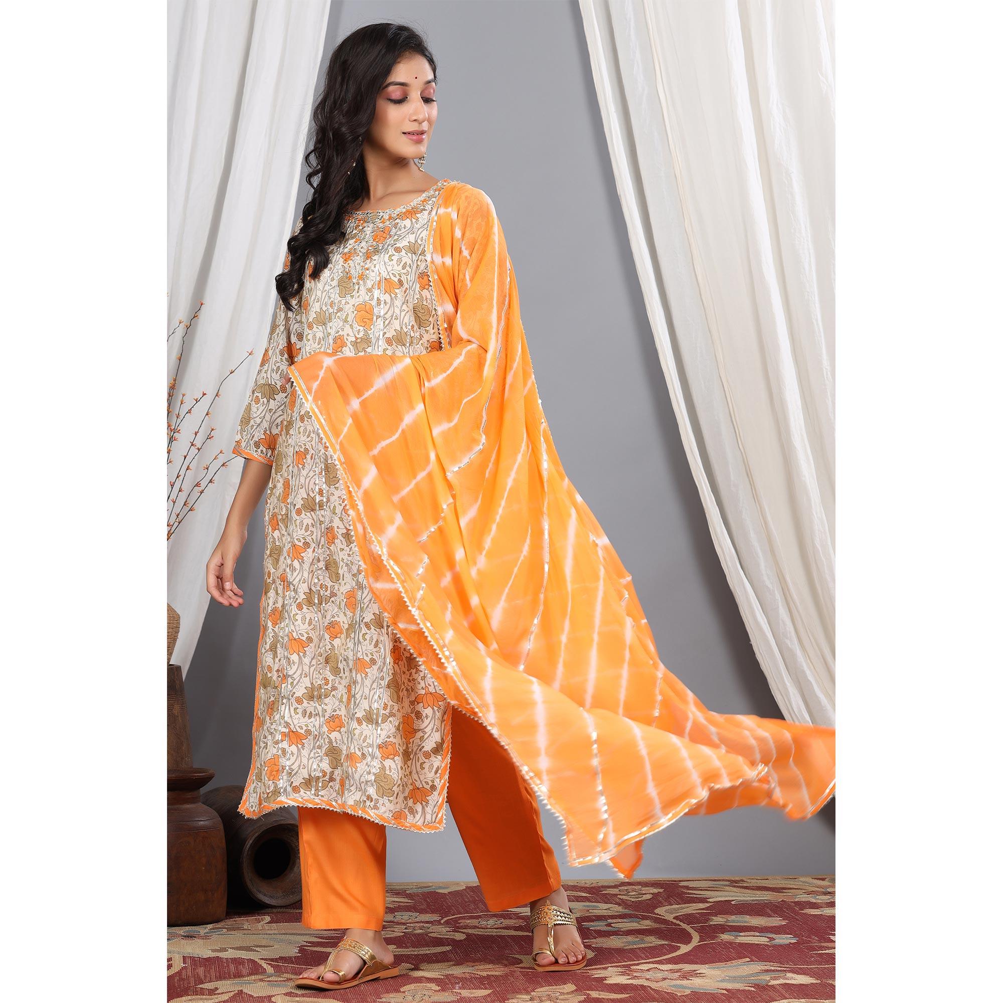 Beige - Orange Printed Pure Cotton Kurti - Pant Set With Dupatta - Peachmode