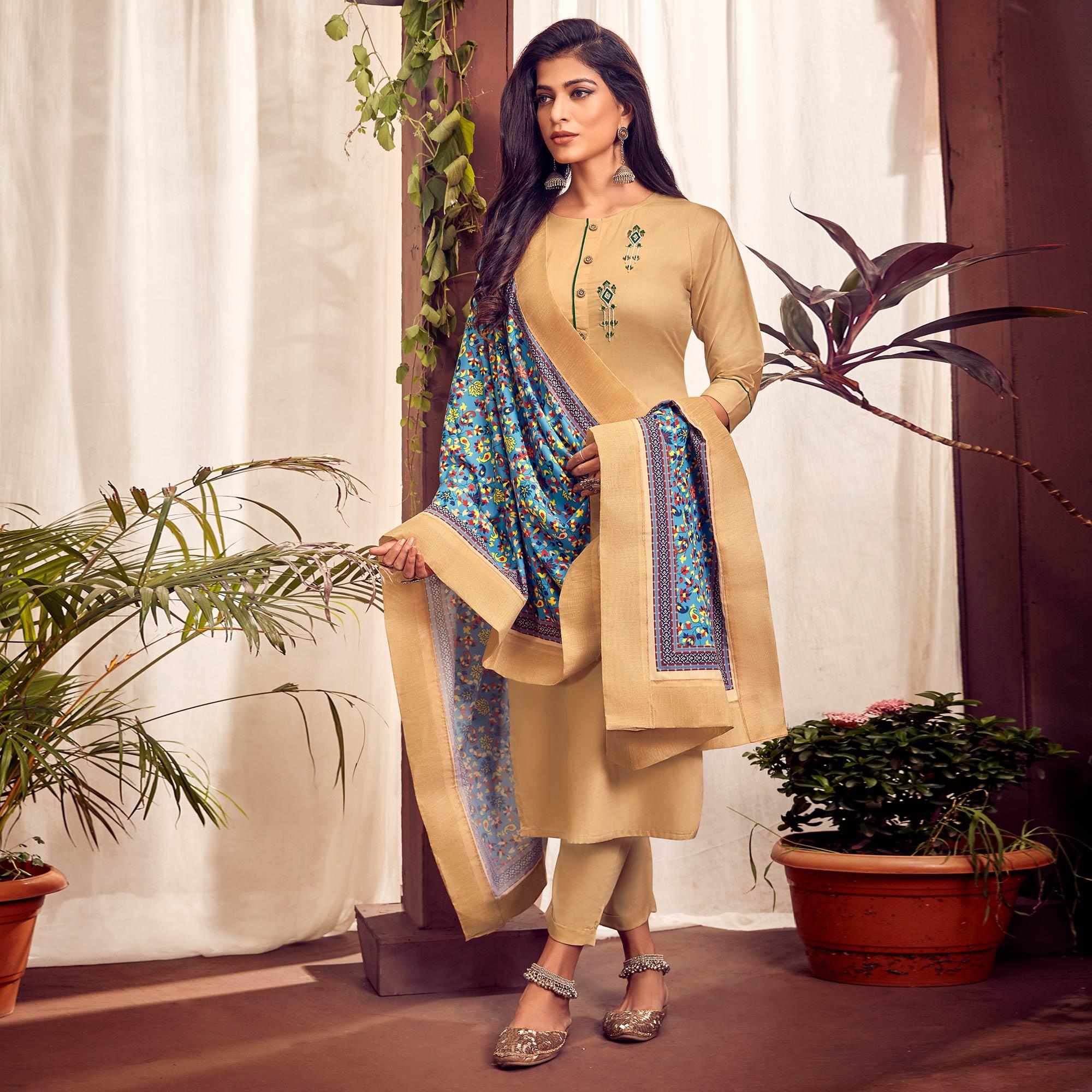 Beige Party Wear Embroidered Cotton Kurti Pant Set With Dupatta - Peachmode