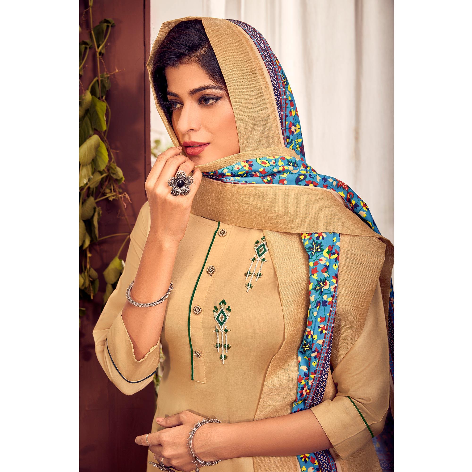 Beige Party Wear Embroidered Cotton Kurti Pant Set With Dupatta - Peachmode