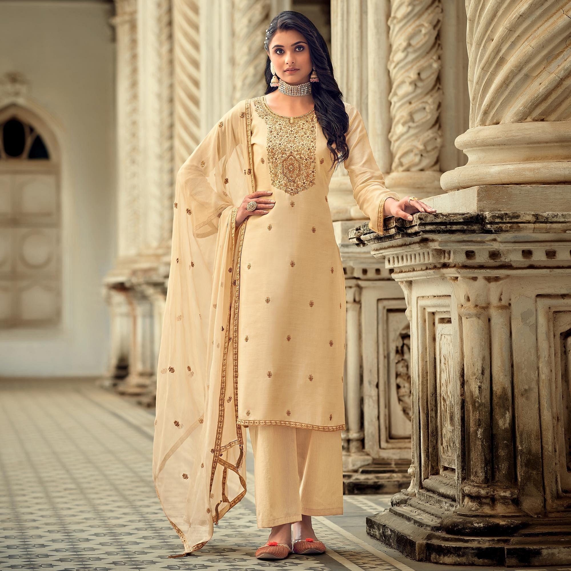 Beige Party Wear Embroidered Muslin Suit - Peachmode