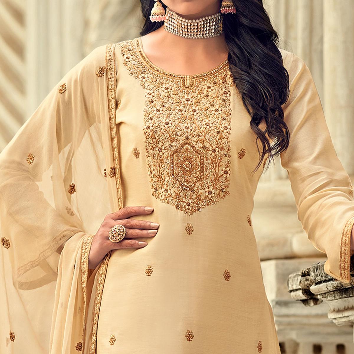 Beige Party Wear Embroidered Muslin Suit - Peachmode
