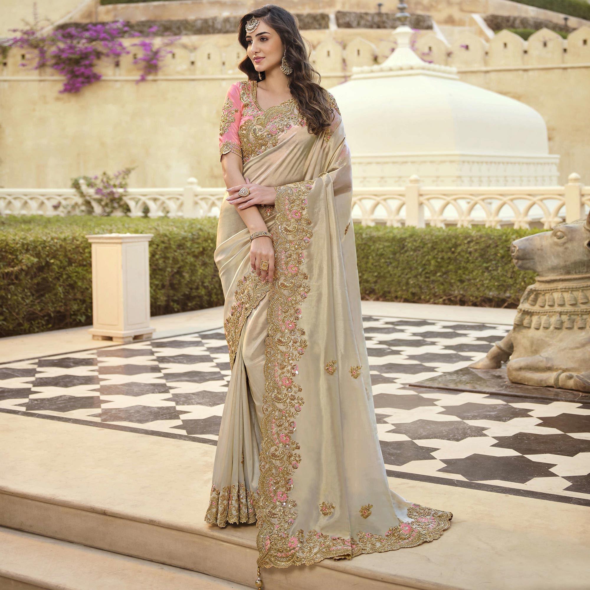 Beige Party Wear Embroidered Satin Saree - Peachmode