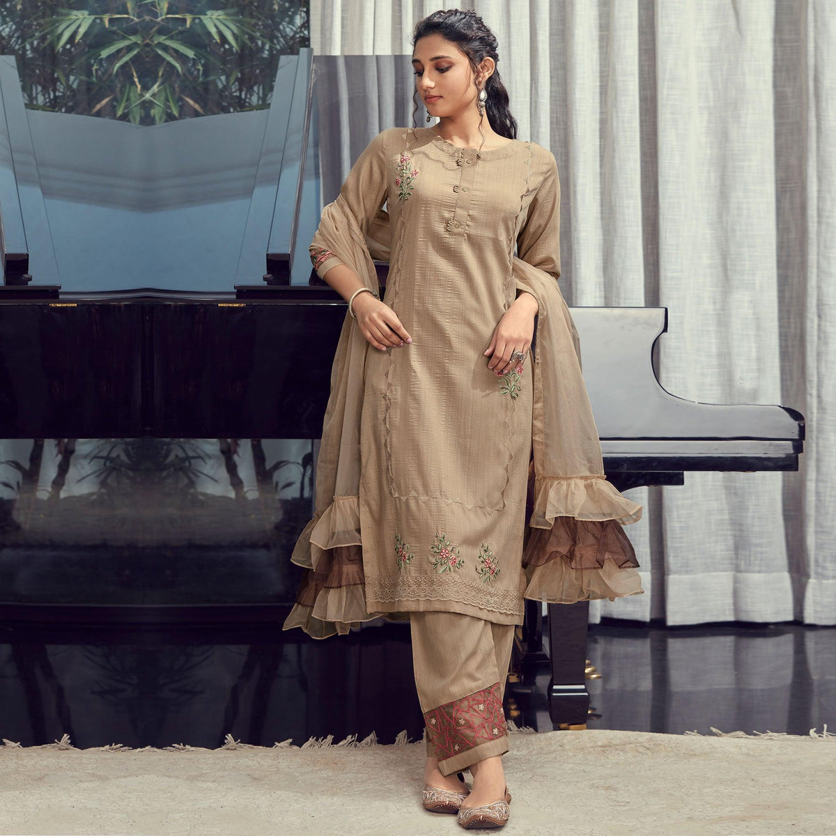 Beige Party Wear Embroidered Silk Kurti Pant Set With Ruffles Dupatta