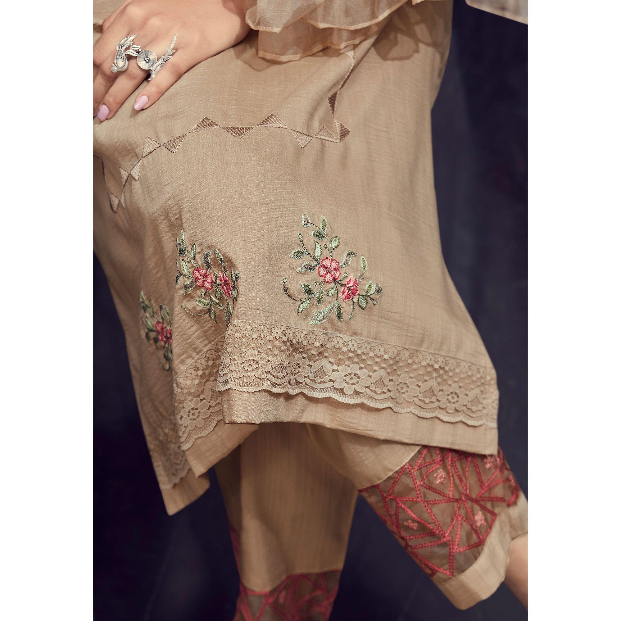 Beige Party Wear Embroidered Silk Kurti Pant Set With Ruffles Dupatta - Peachmode