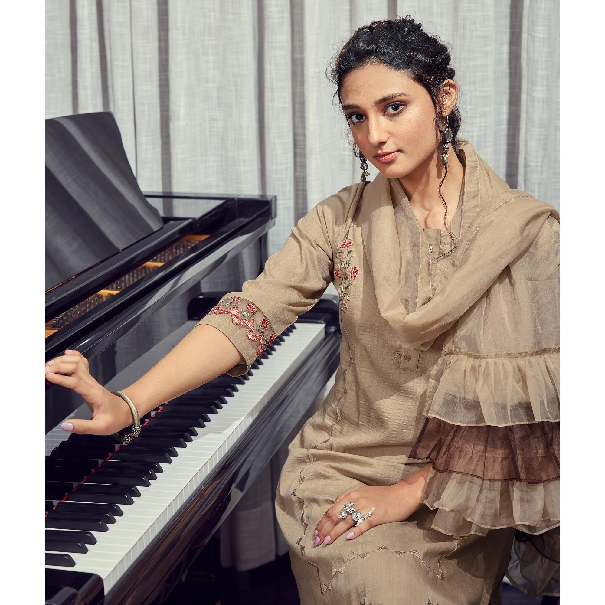 Beige Party Wear Embroidered Silk Kurti Pant Set With Ruffles Dupatta - Peachmode