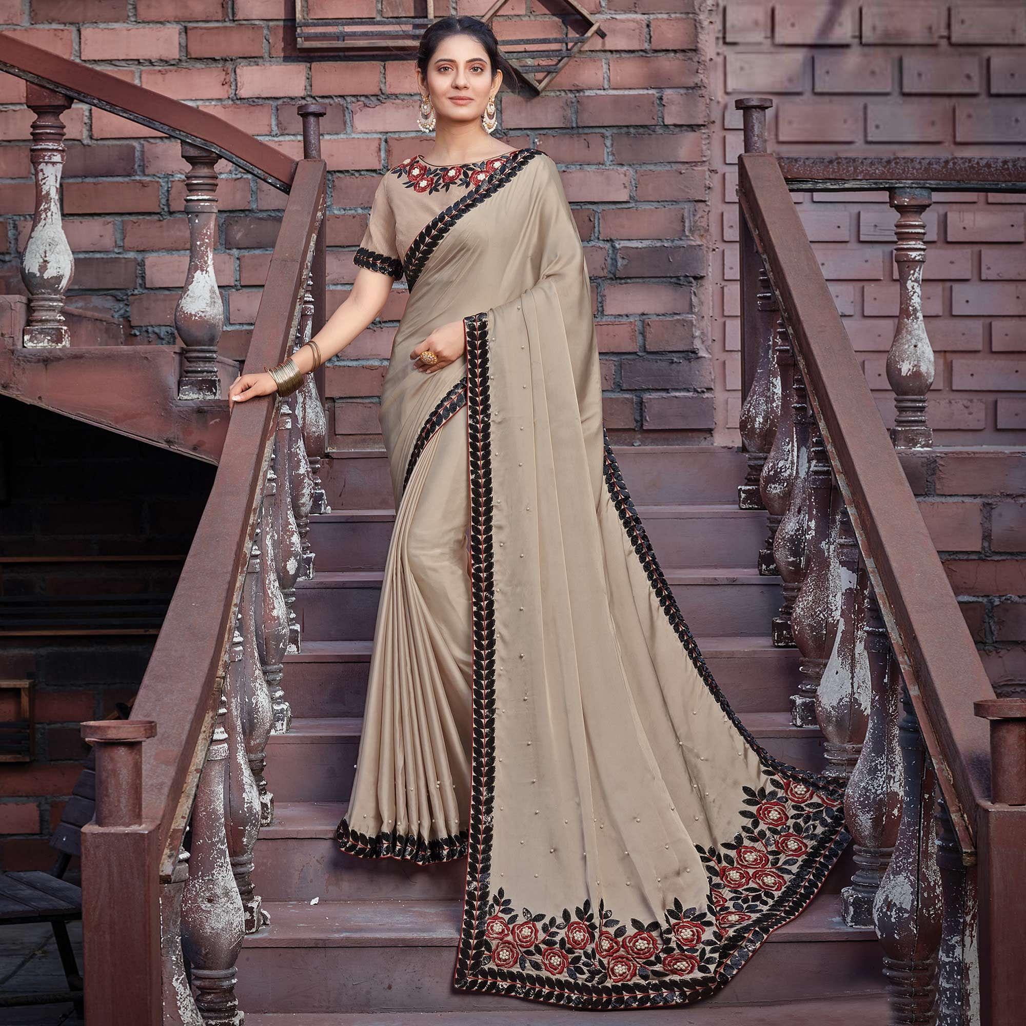 Beige Party Wear Embroidered Silk Saree - Peachmode