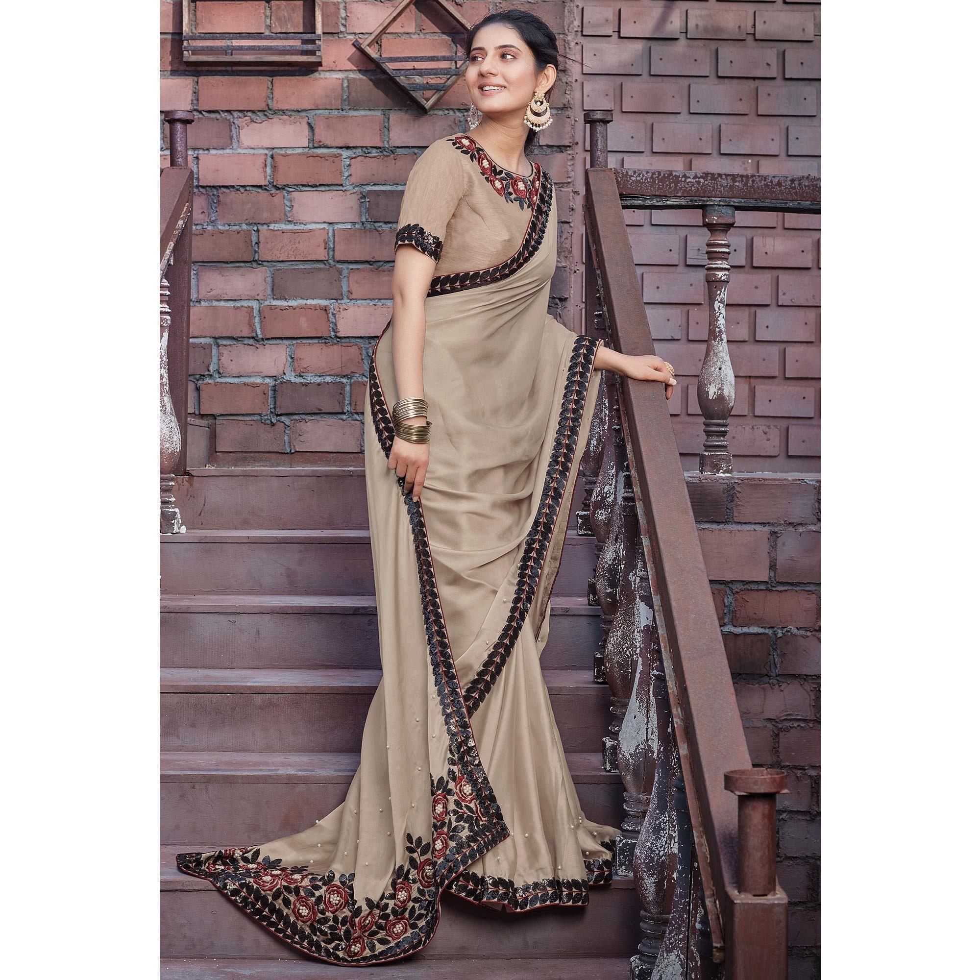 Beige Party Wear Embroidered Silk Saree - Peachmode