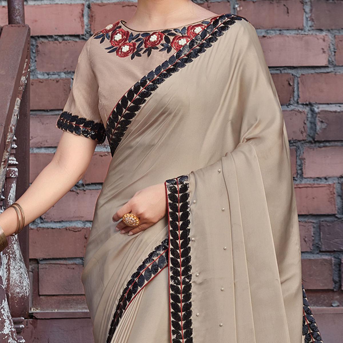 Beige Party Wear Embroidered Silk Saree - Peachmode