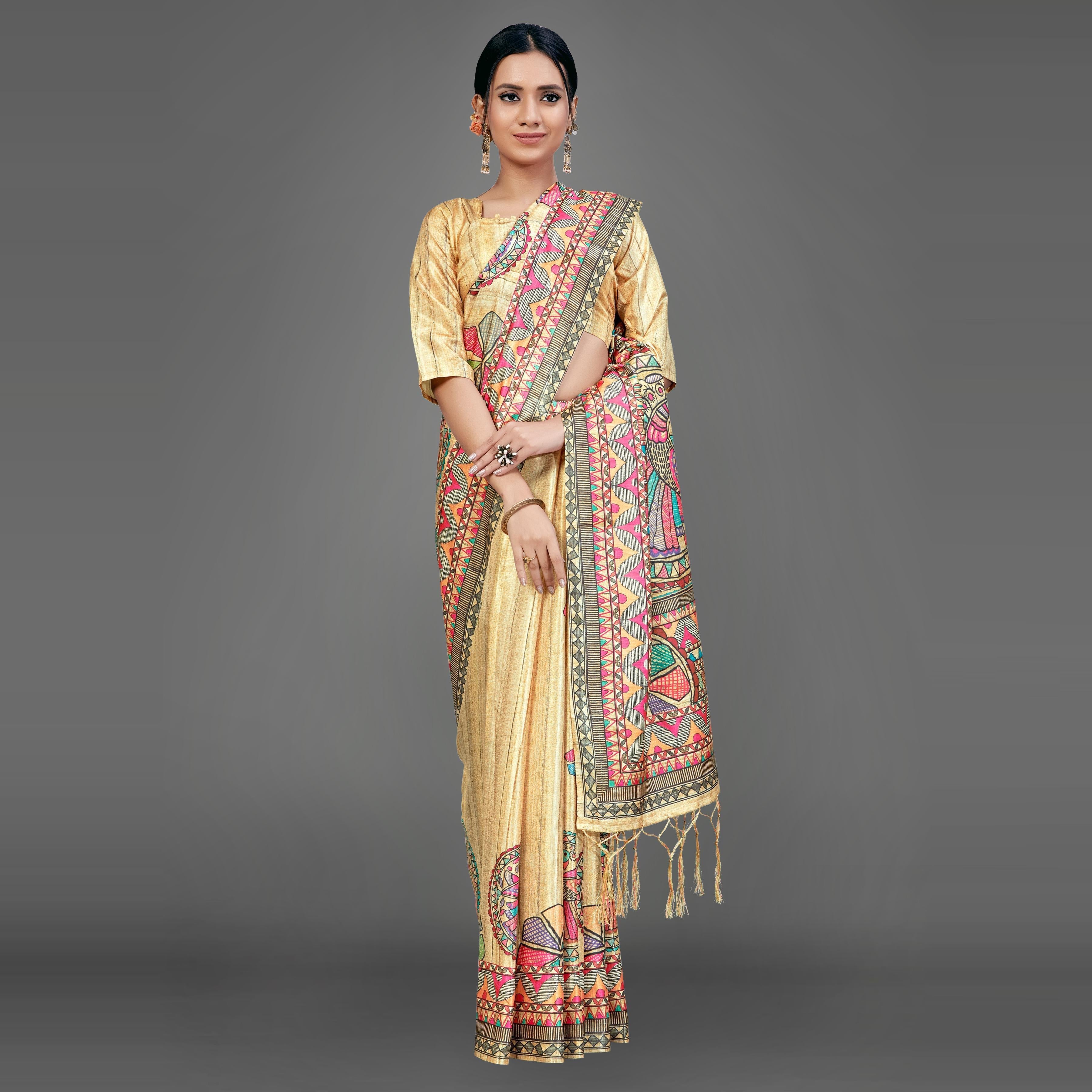 Beige Party Wear Silk Blend Floral-Animal Print Saree With Unstitched Blouse - Peachmode