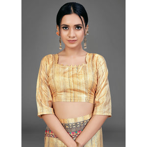 Beige Party Wear Silk Blend Floral-Animal Print Saree With Unstitched Blouse - Peachmode