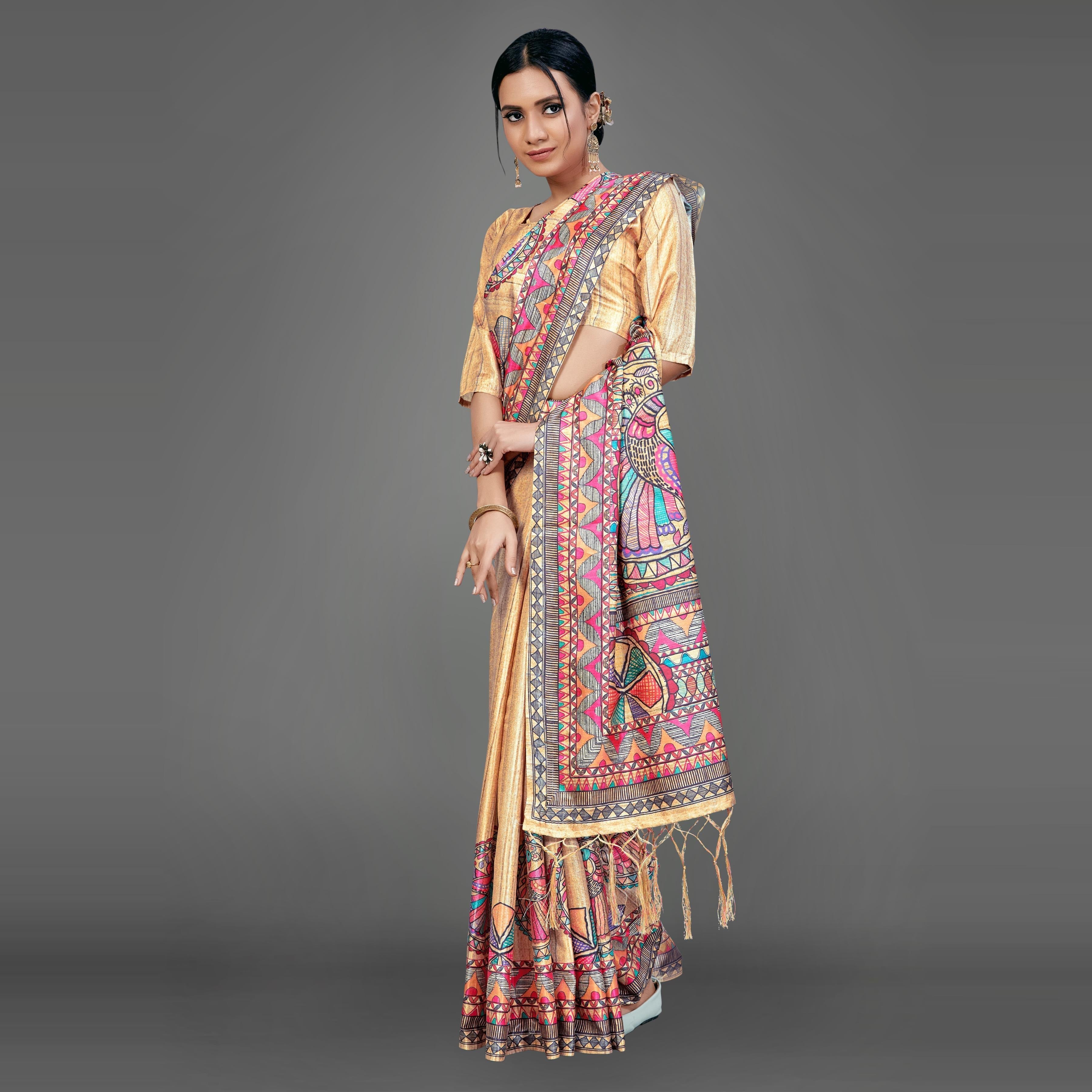 Beige Party Wear Silk Blend Floral-Animal Print Saree With Unstitched Blouse - Peachmode