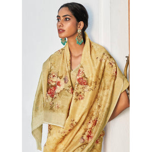 Beige Partywear Digital Printed & Sequence Woven Pure Linen Saree - Peachmode