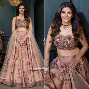 Beige Partywear Digital Printed Organza Lehenga Choli - Peachmode