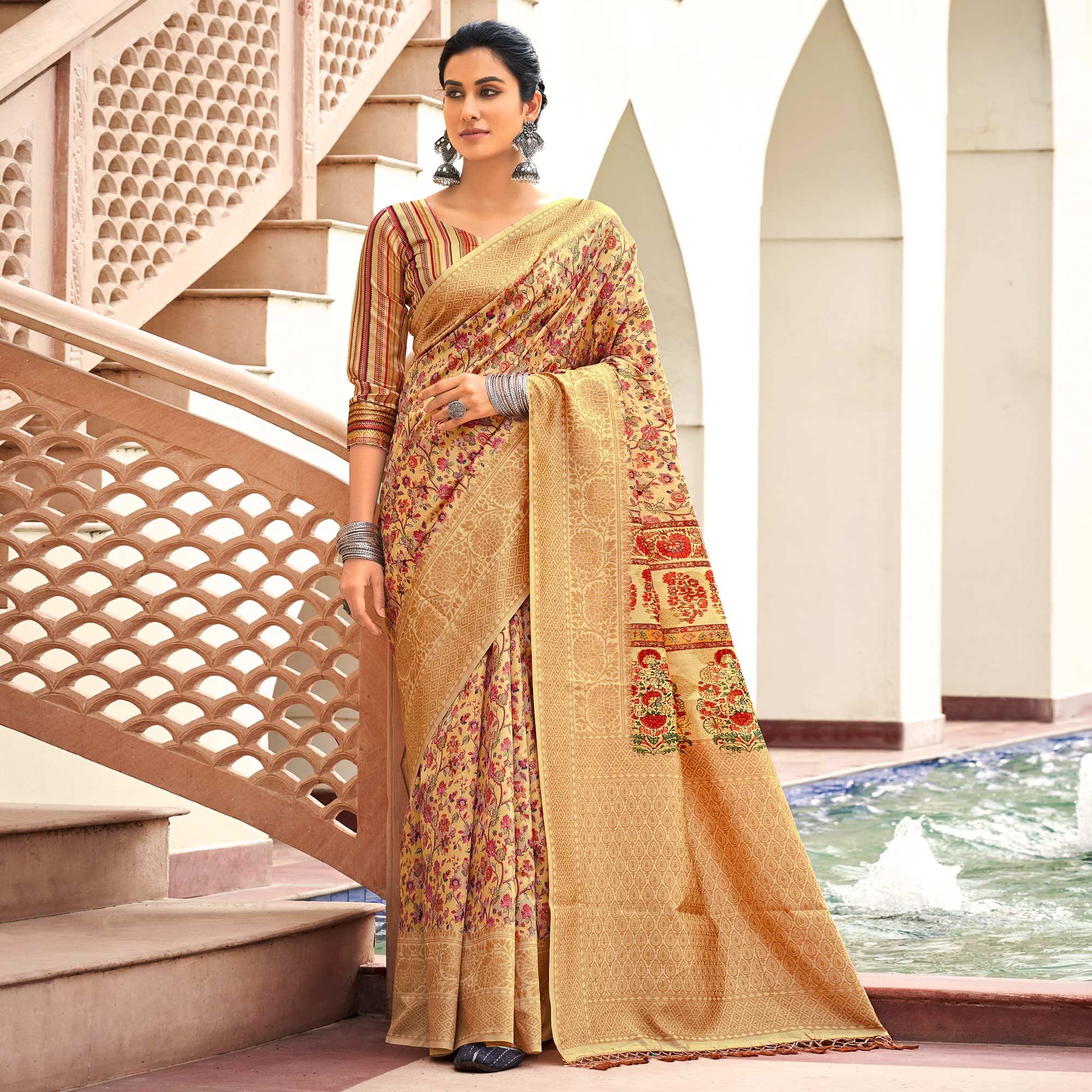 Beige Partywear Digital Printed Silk Saree - Peachmode