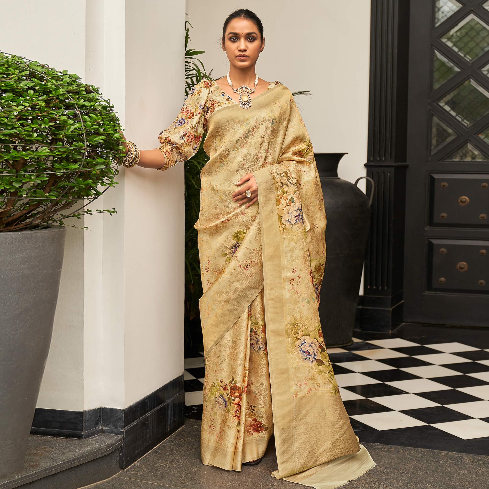 Beige Partywear Digital Printed Silk Saree - Peachmode