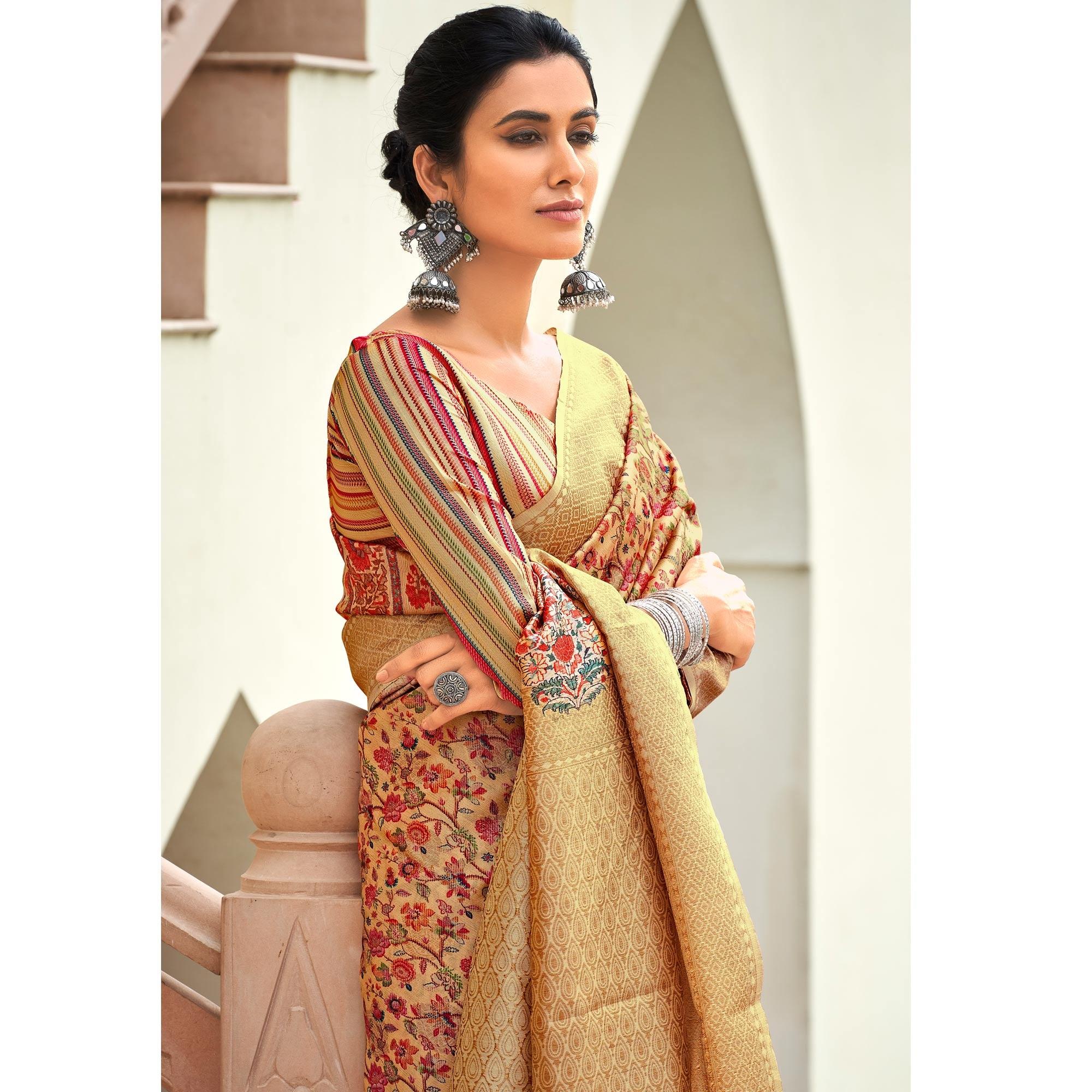 Beige Partywear Digital Printed Silk Saree - Peachmode