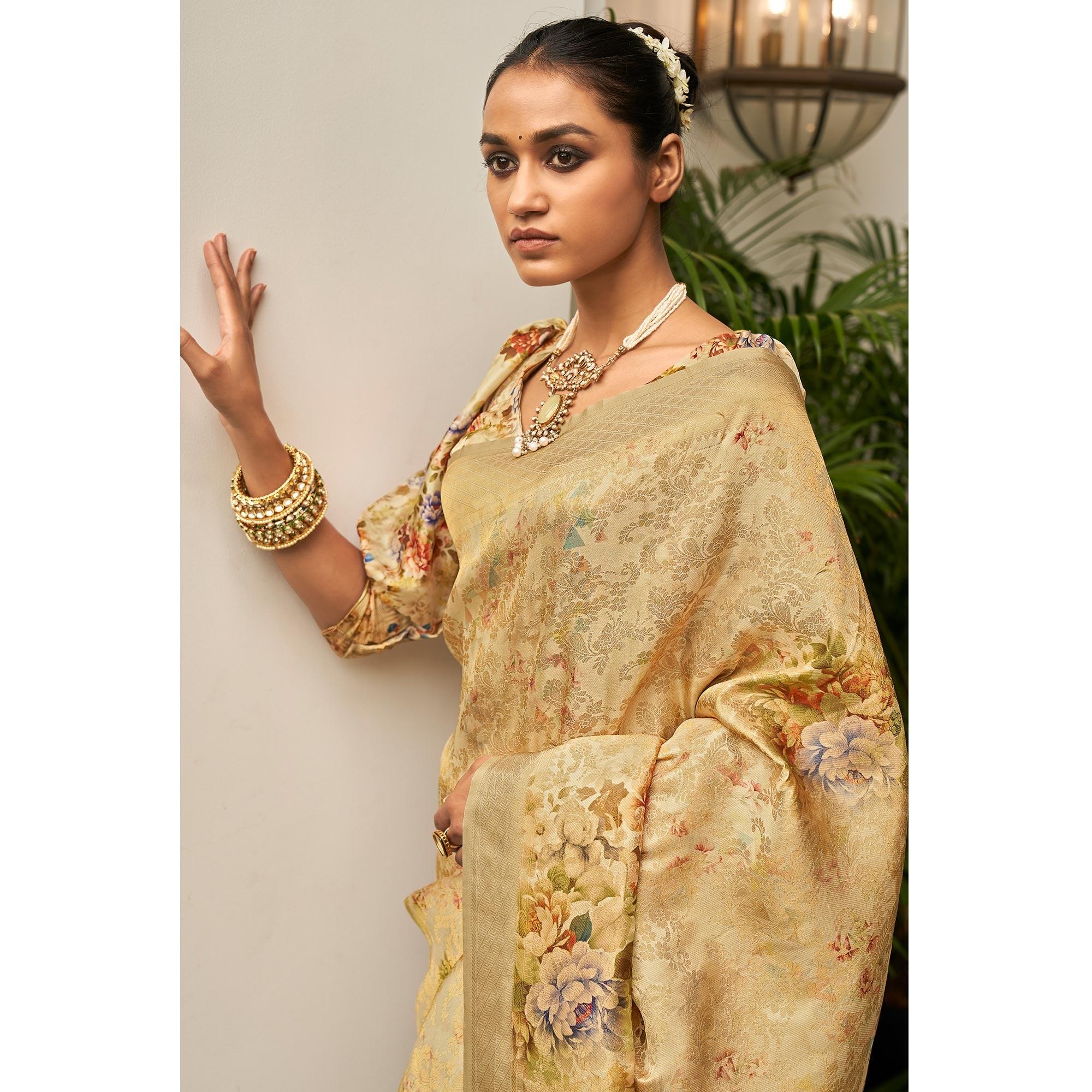 Beige Partywear Digital Printed Silk Saree - Peachmode