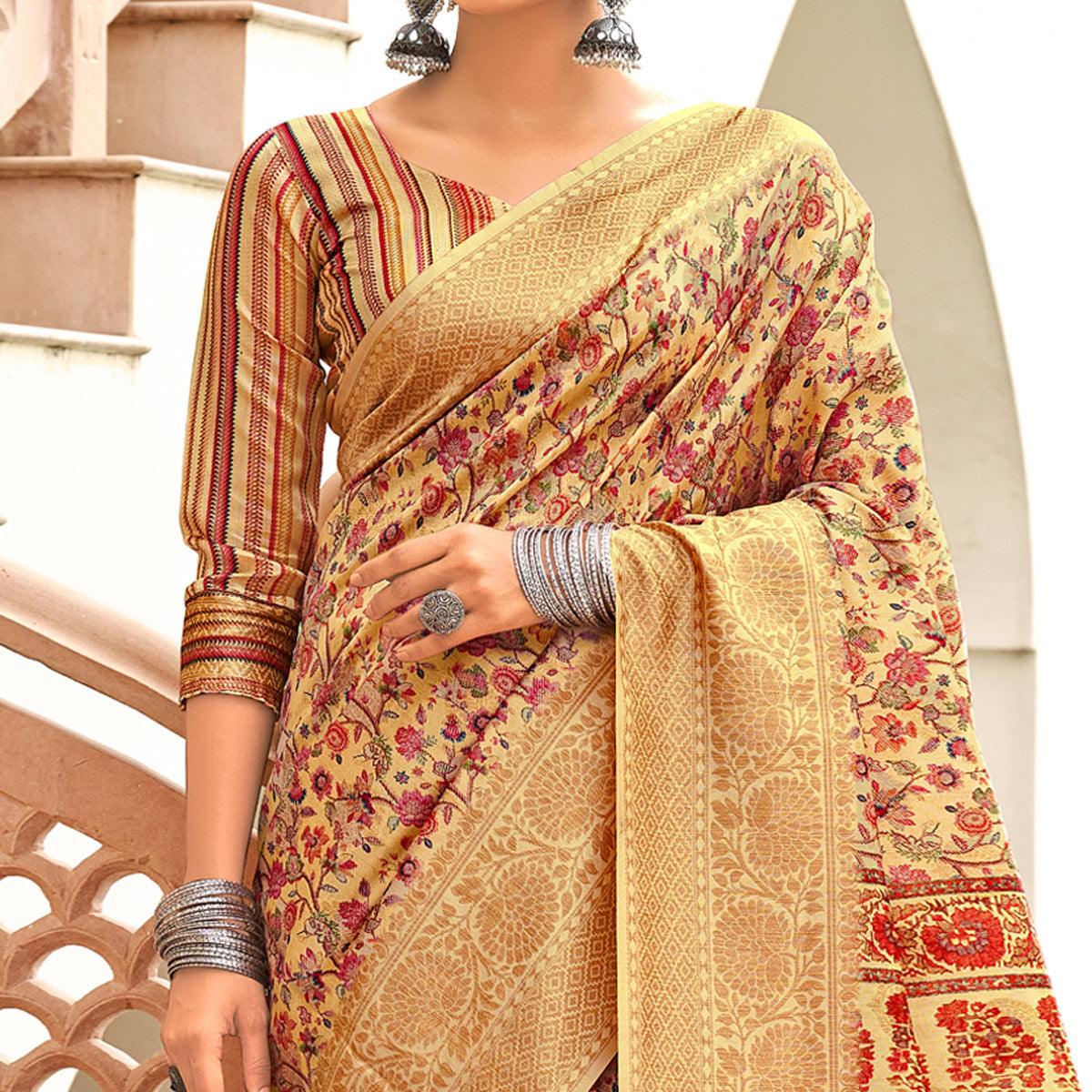 Beige Partywear Digital Printed Silk Saree - Peachmode