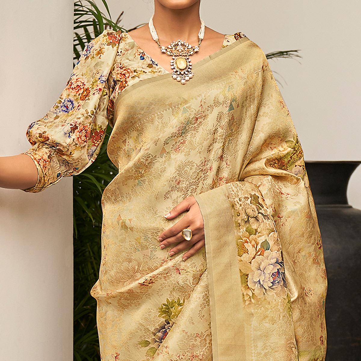 Beige Partywear Digital Printed Silk Saree - Peachmode