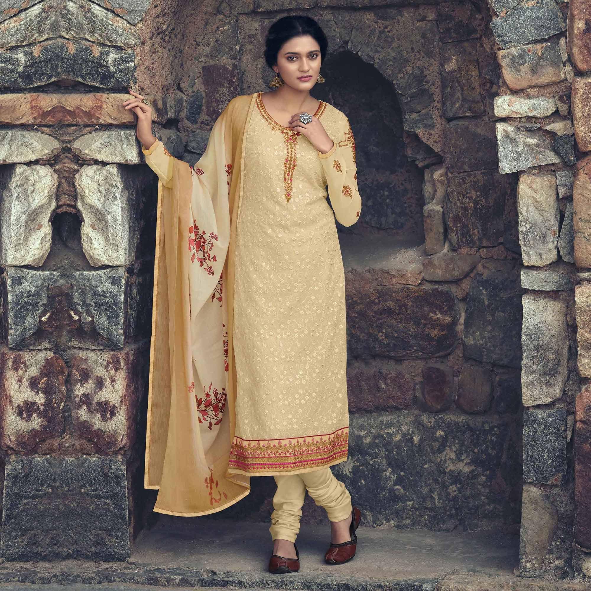 Beige Partywear Embroidered & Embellished Faux Georgette Salwar Suit - Peachmode