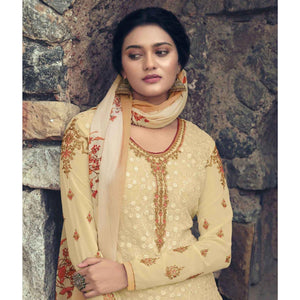 Beige Partywear Embroidered & Embellished Faux Georgette Salwar Suit - Peachmode