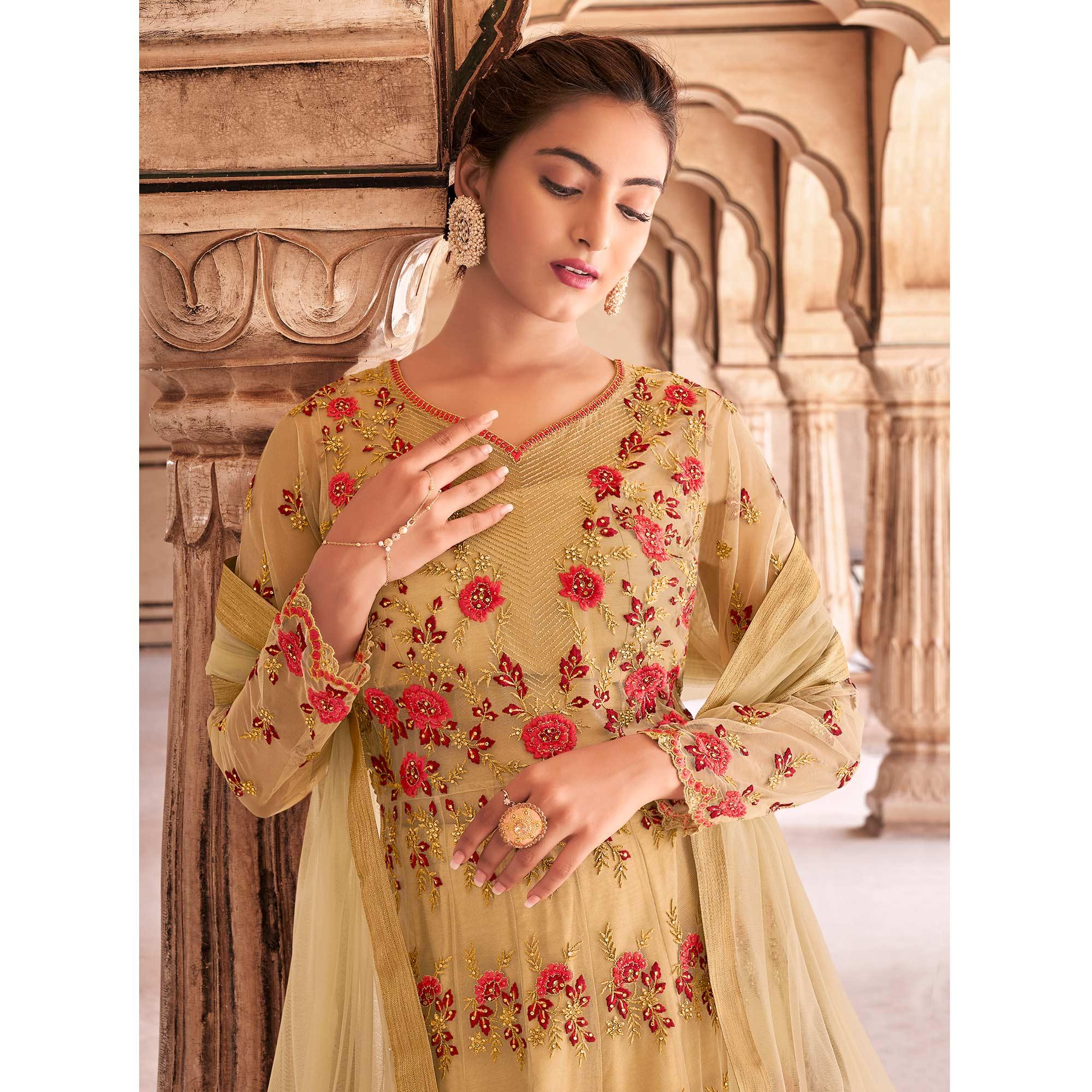 Beige Partywear Embroidered & Swarovski Work Soft Net Gown - Peachmode