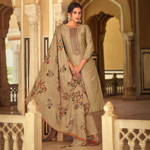 Beige Partywear Embroidered Cotton Silk Suit - Peachmode