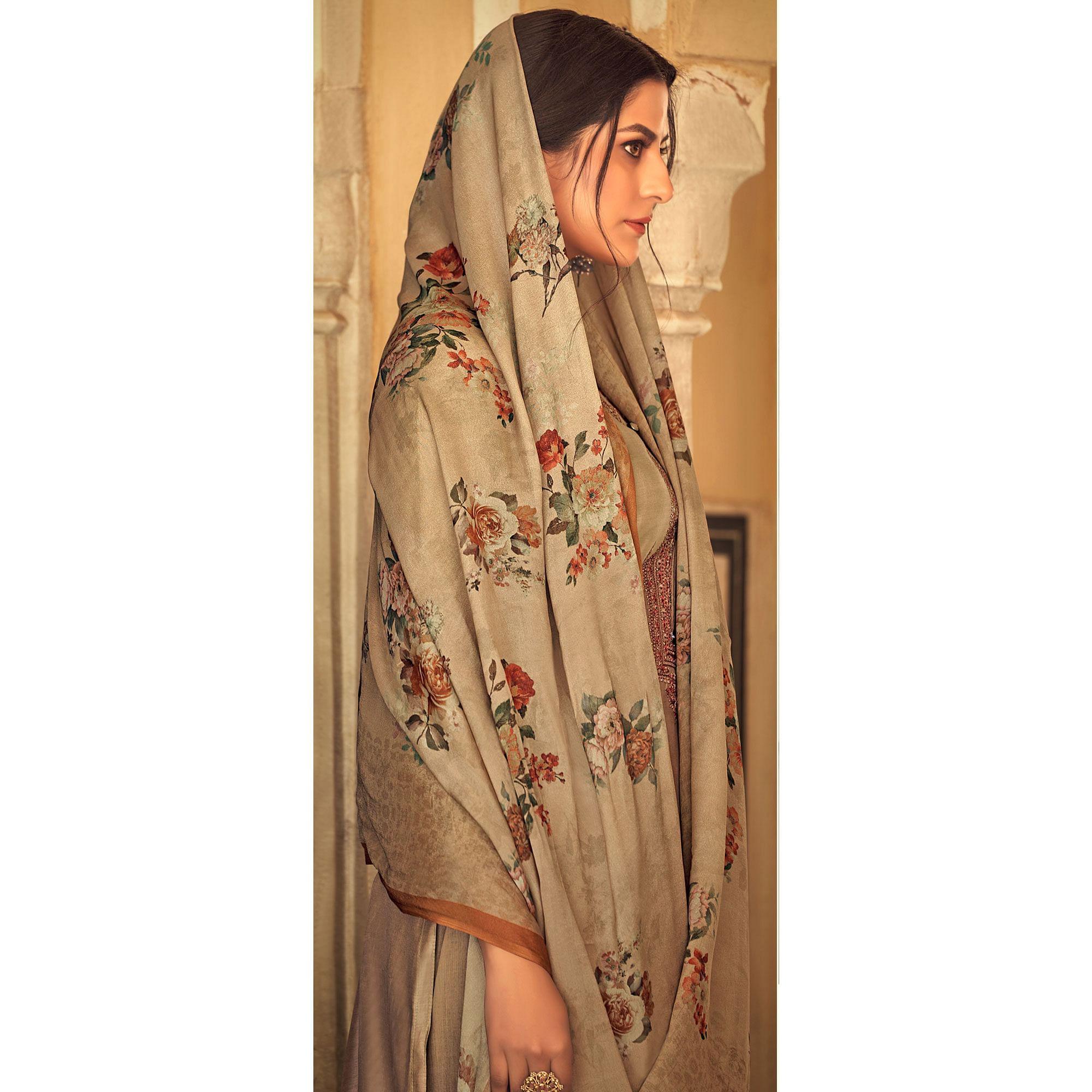 Beige Partywear Embroidered Cotton Silk Suit - Peachmode