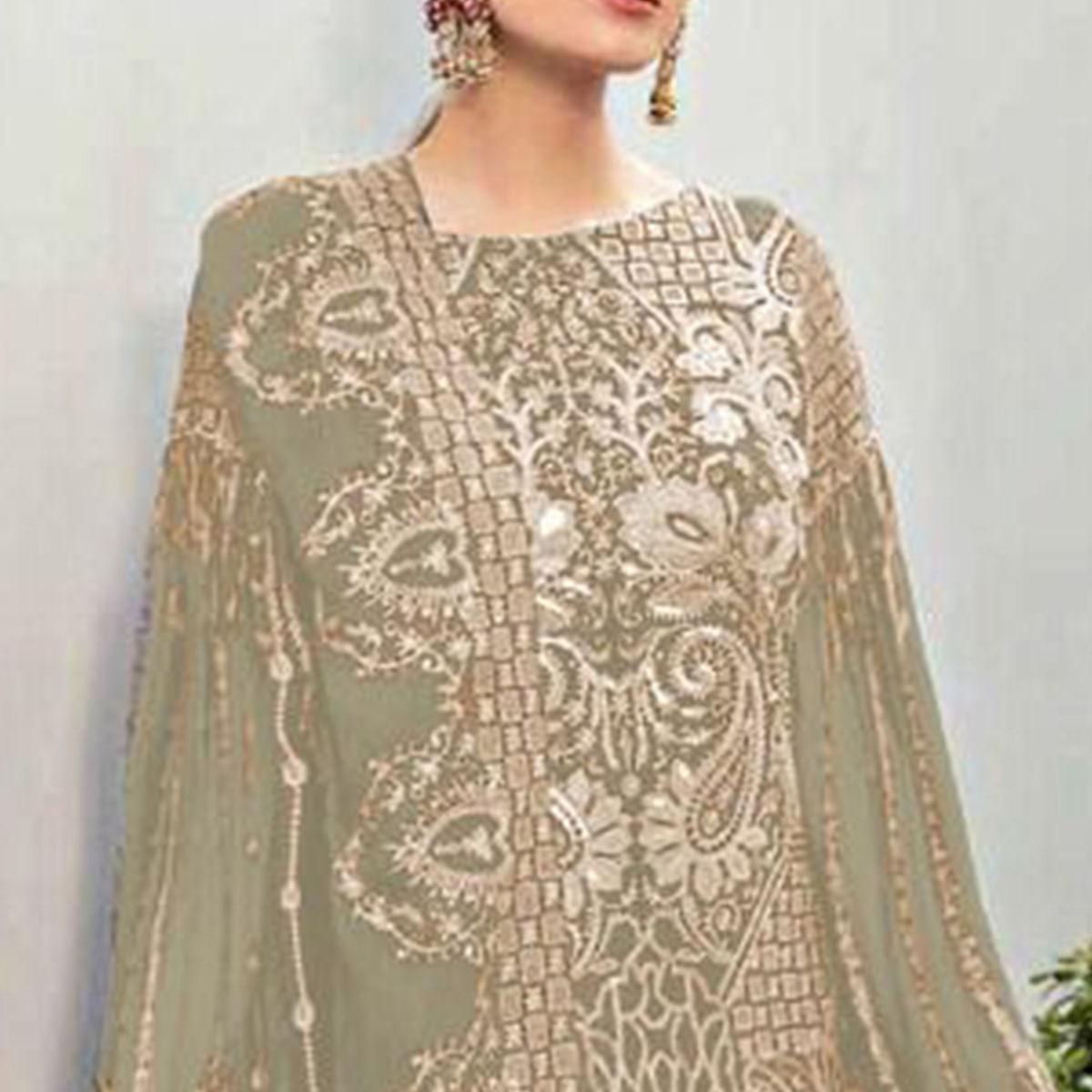 Beige Partywear Embroidered Georgette Pakistani Suit - Peachmode