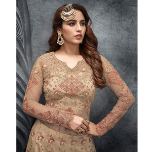 Beige Partywear Embroidered Handwork Soft Net Gown - Peachmode