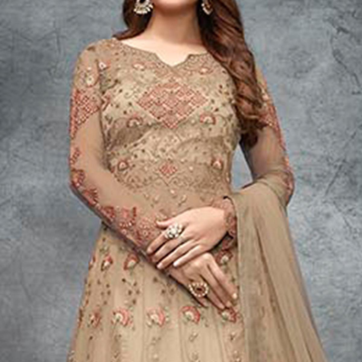 Beige Partywear Embroidered Handwork Soft Net Gown - Peachmode