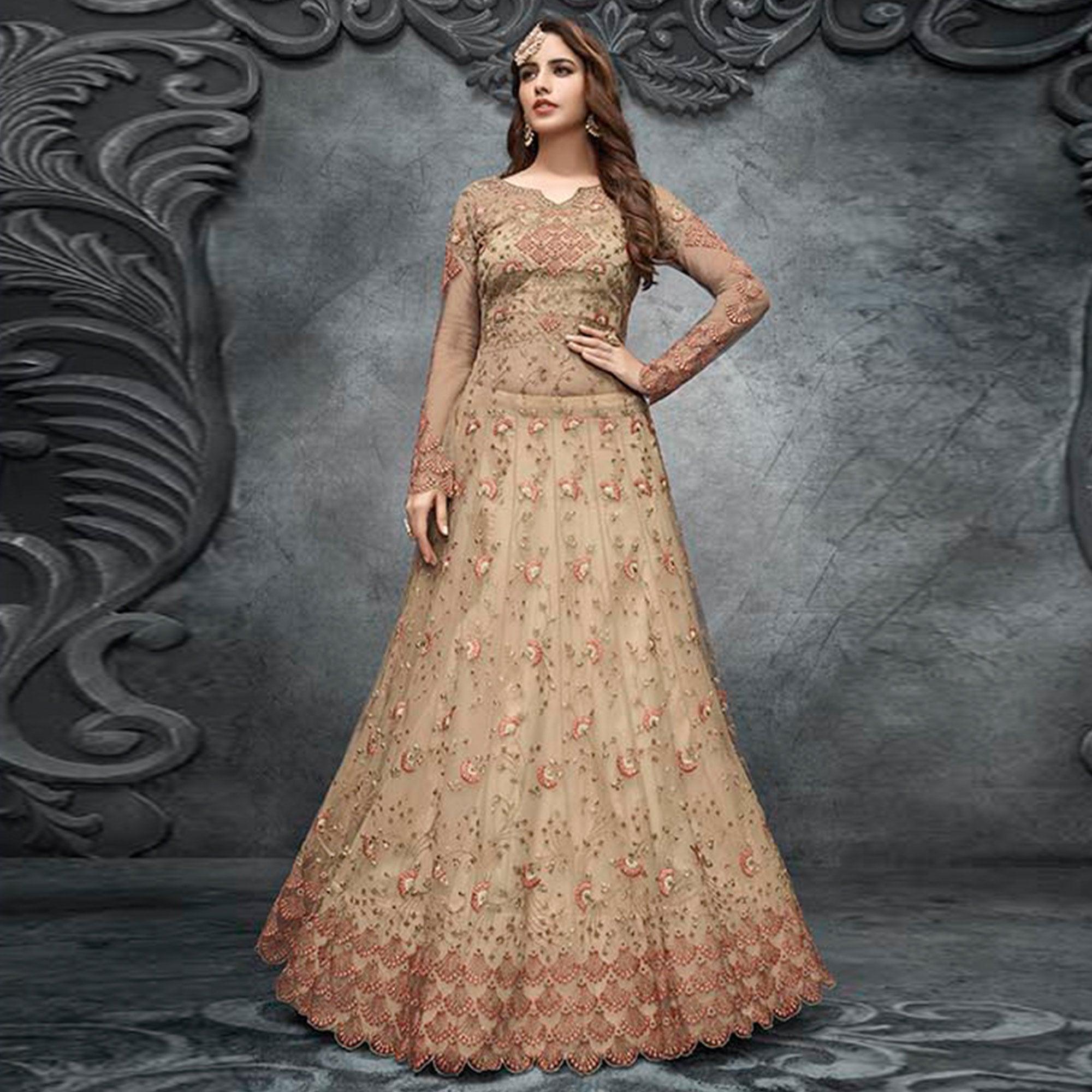 Beige Partywear Embroidered Handwork Soft Net Gown - Peachmode