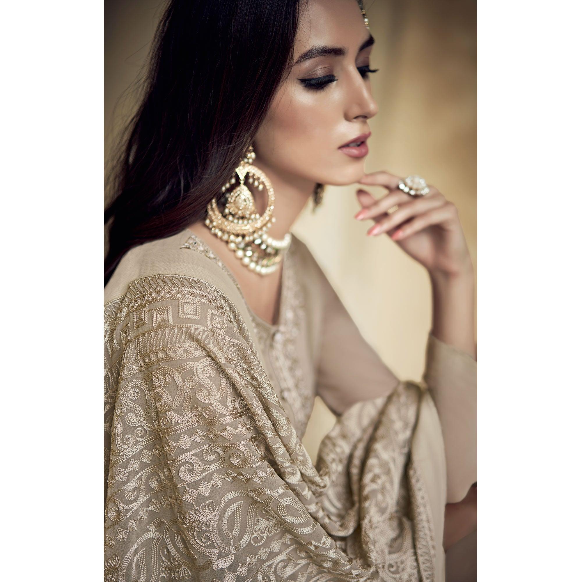 Beige Partywear Embroidered Heavy Georgette Sharara Suit - Peachmode